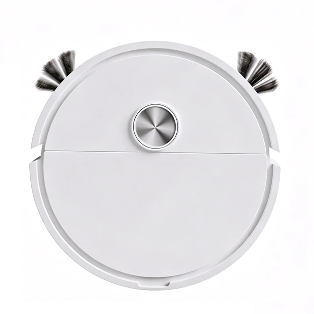 Robot aspirateur blanc seul sur fond blanc