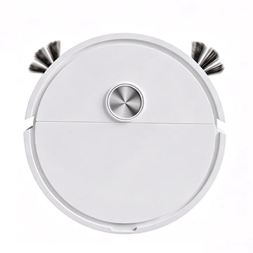 Robot aspirateur blanc seul sur fond blanc