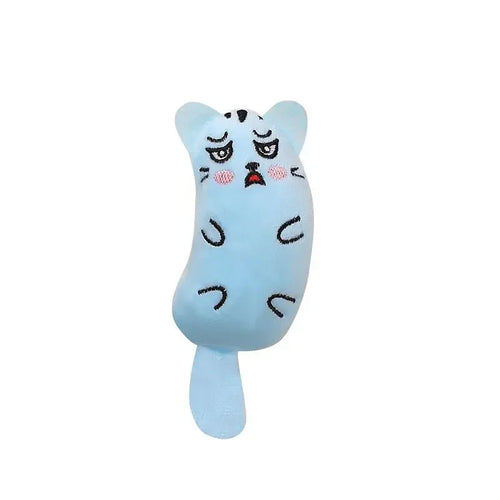 Petit jouet bleu clair en peluche pour chat avec visage de chat