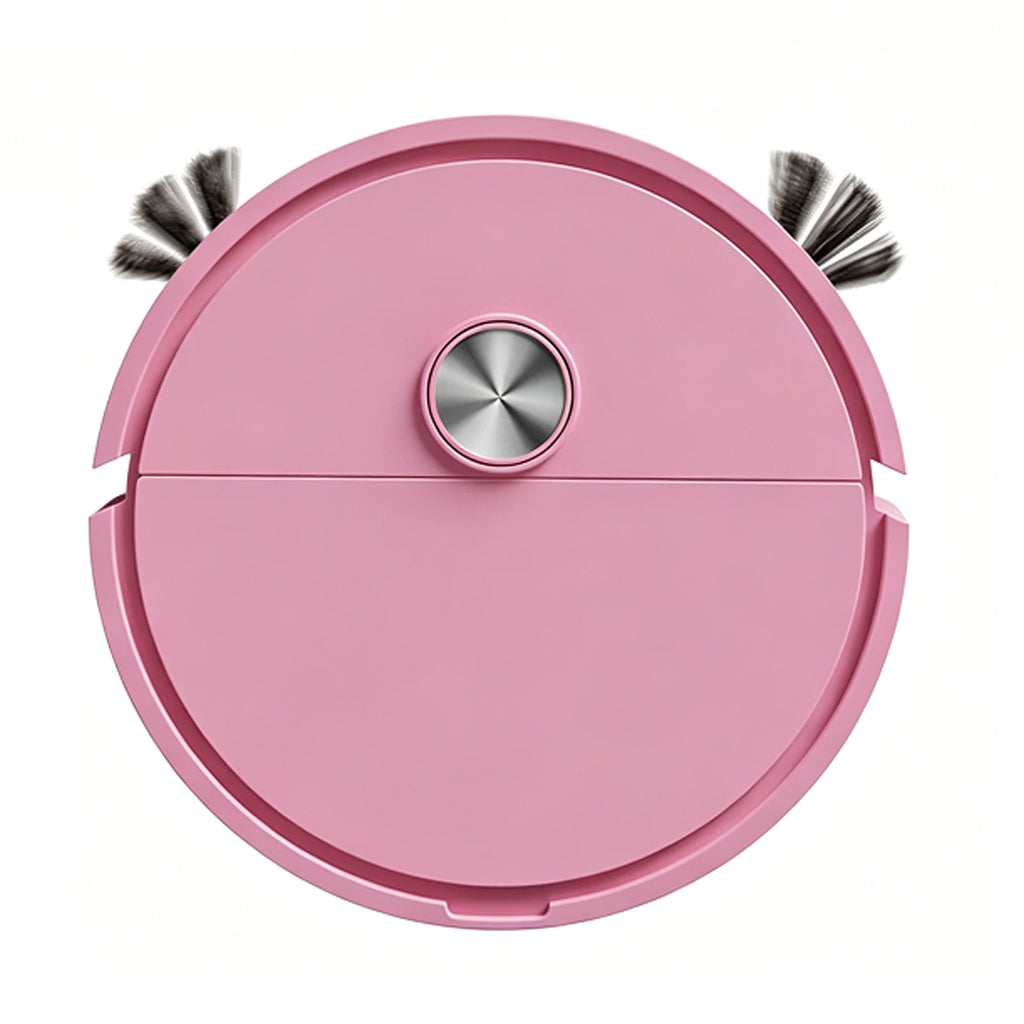 Robot aspirateur rose seul sur fond blanc