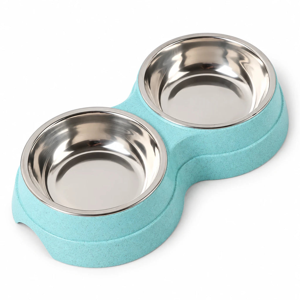 Double gamelle en inox sur support pour chien et chat — fond blanc