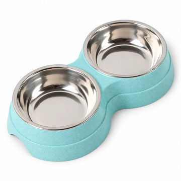 Double gamelle en inox sur support pour chien et chat — fond blanc