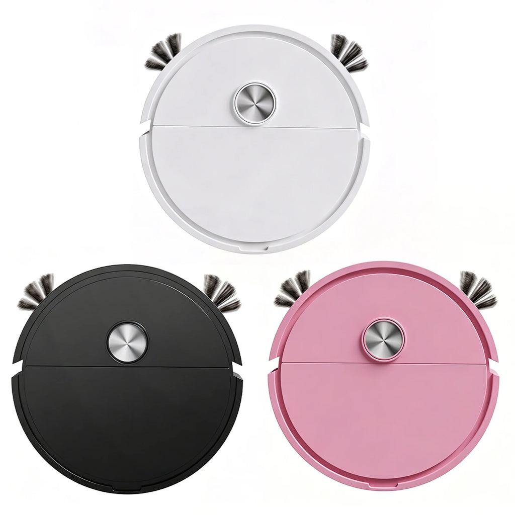 Robot aspirateur en blanc, noir et rose sur fond blanc