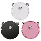 Robot aspirateur en blanc, noir et rose sur fond blanc