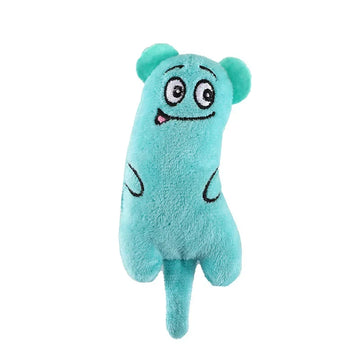 Petit jouet turquoise en peluche pour chat, personnage souriant