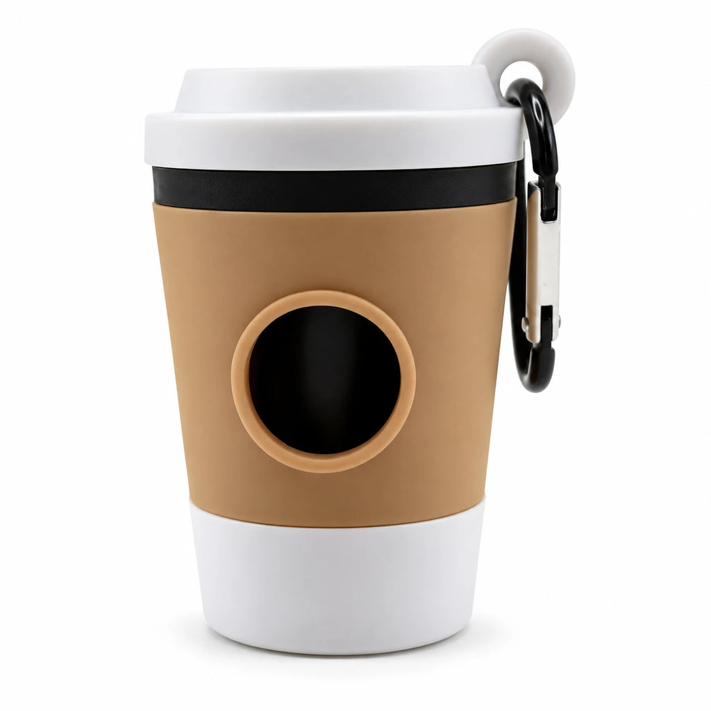 Distributeur de sacs pour chien — gobelet café — fond blanc