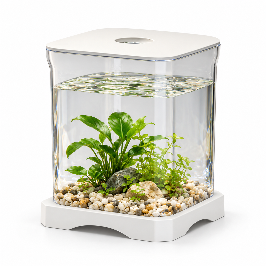 Aquarium de bureau blanc avec éclairage — suggestion d’aménagement