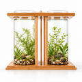 Double aquarium décoratif en verre sur support en bambou — suggestion d’aménagement