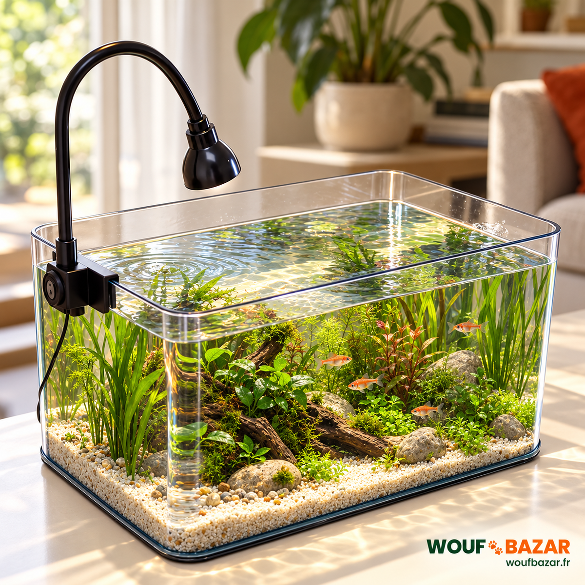 Aquarium de table transparent, mise en scène aquatique réaliste signée WOUF BAZAR — cuve vendue seule, décor et lampe non inclus