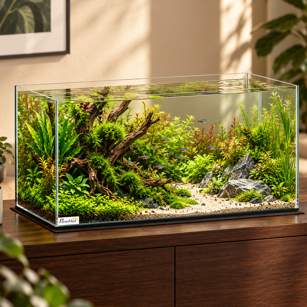 Aquarium en verre 51 L, 60 × 30 × 30 cm, dans une mise en scène aquatique originale — décor non inclus