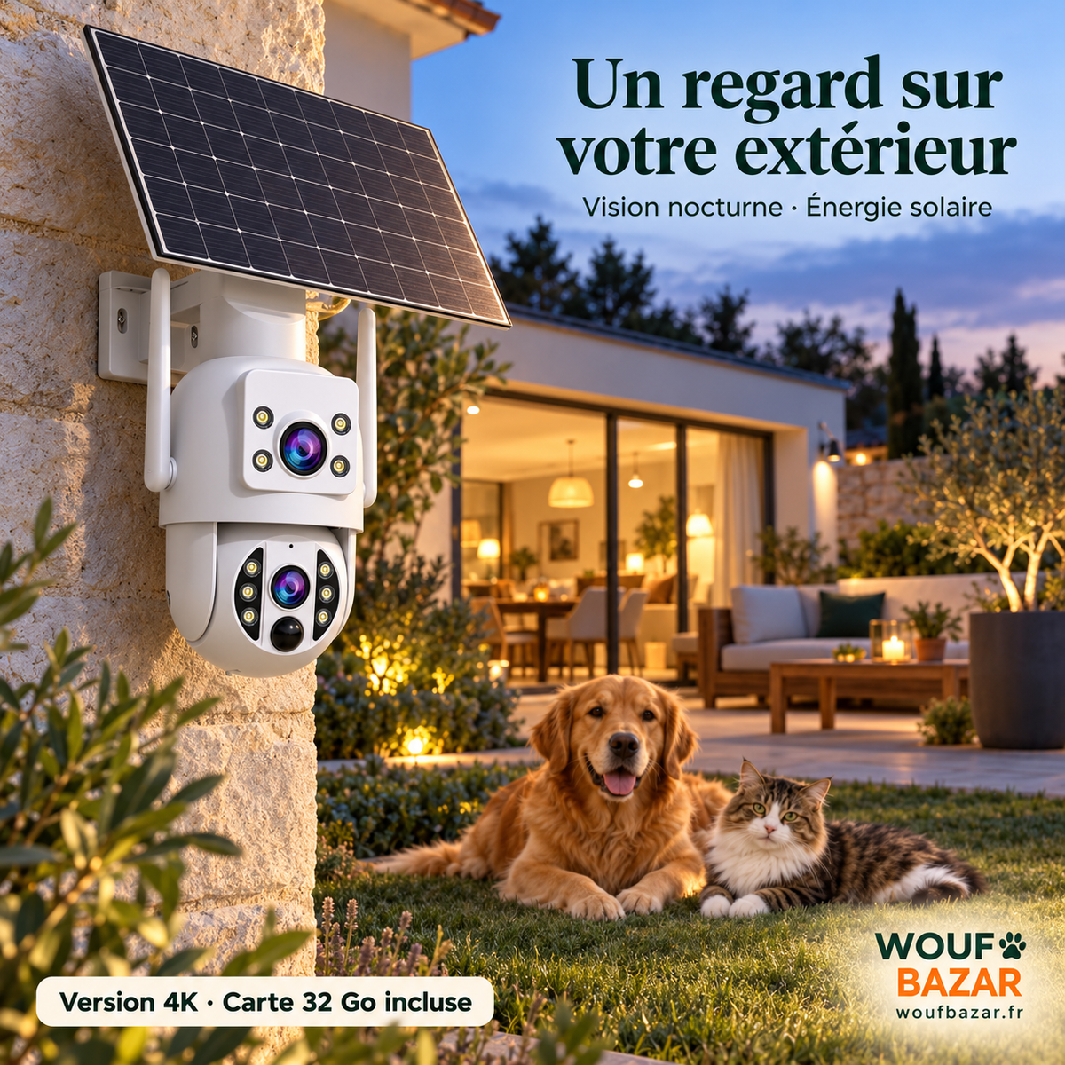 Caméra solaire extérieure double objectif installée au jardin avec le chien et le chat mascottes au crépuscule