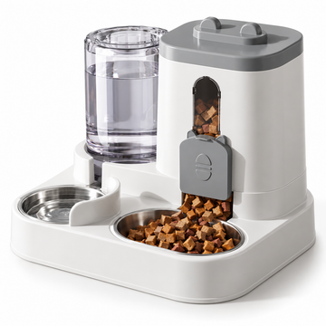Distributeur de croquettes et d’eau 2-en-1 gris et blanc pour chat et petit chien, sur fond blanc