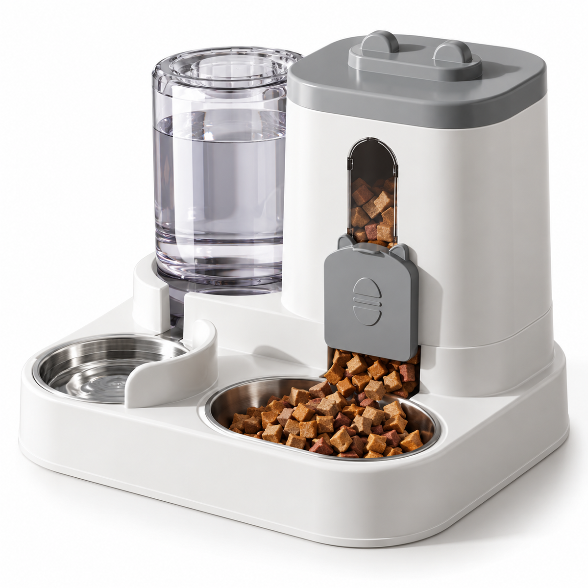 Distributeur de croquettes et d’eau 2-en-1 gris et blanc pour chat et petit chien, sur fond blanc