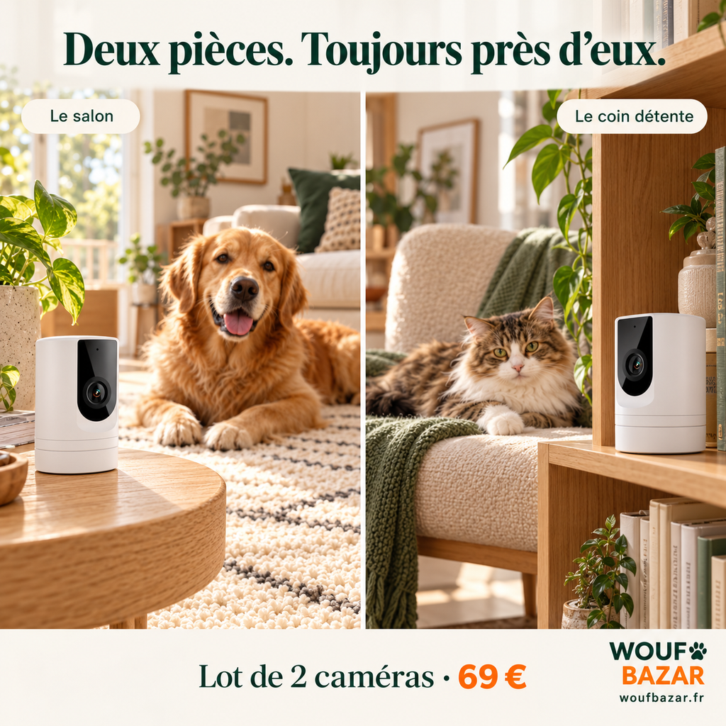 Deux caméras Wi-Fi dans deux pièces : une avec le chien au salon, l’autre avec le chat dans son coin détente
