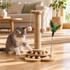 Chat jouant avec le circuit à balles du griffoir en bois et sisal