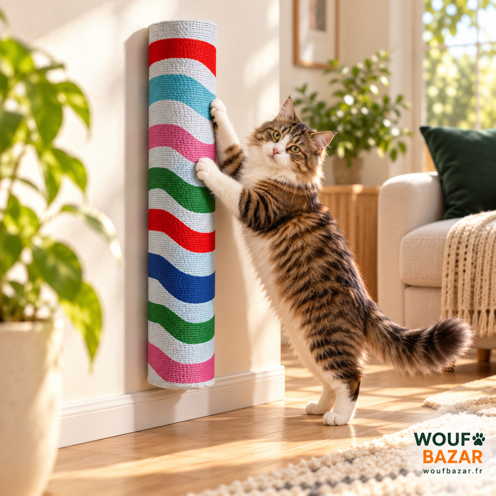 Chat mascotte tigré et blanc faisant ses griffes sur le griffoir mural multicolore WOUF BAZAR