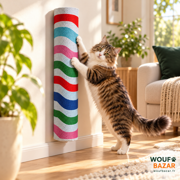 Chat mascotte tigré et blanc faisant ses griffes sur le griffoir mural multicolore WOUF BAZAR