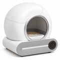 Litière automatique pour chat 65 L blanche et grise avec panneau de commande, sur fond blanc