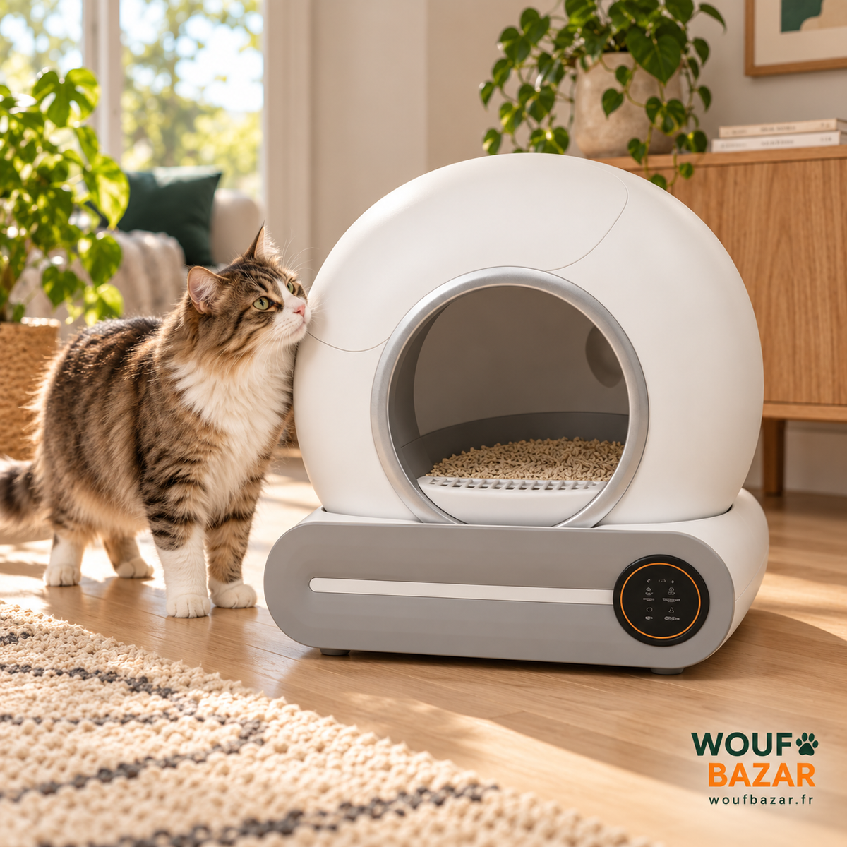 Notre chat mascotte à côté de la litière automatique blanche et grise dans un intérieur lumineux