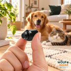Mini caméra Wi-Fi tenue au bout des doigts avec le chien et le chat mascottes à la maison