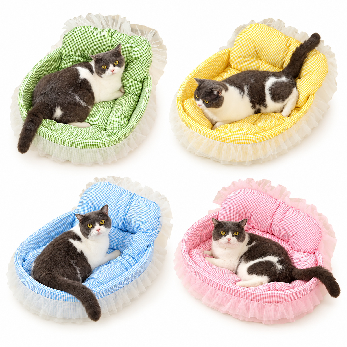 Paniers Princesse pour chat à motif vichy en vert, jaune, bleu et rose avec bordure volantée, présentés sur fond blanc