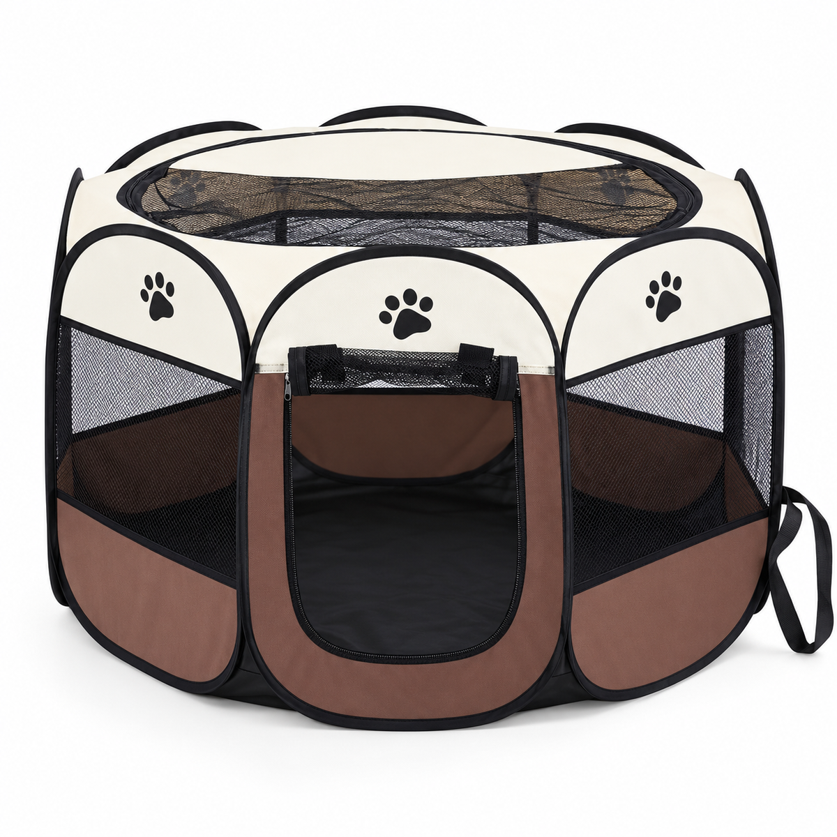 Parc pliable octogonal café et crème pour chiens et chats, photographie sur fond blanc