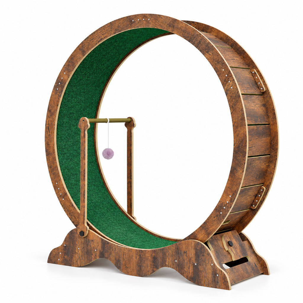 Roue d’exercice pour chat en bois composite brun rétro avec piste verte, sur fond blanc