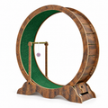 Roue d’exercice pour chat en bois composite brun rétro avec piste verte, sur fond blanc