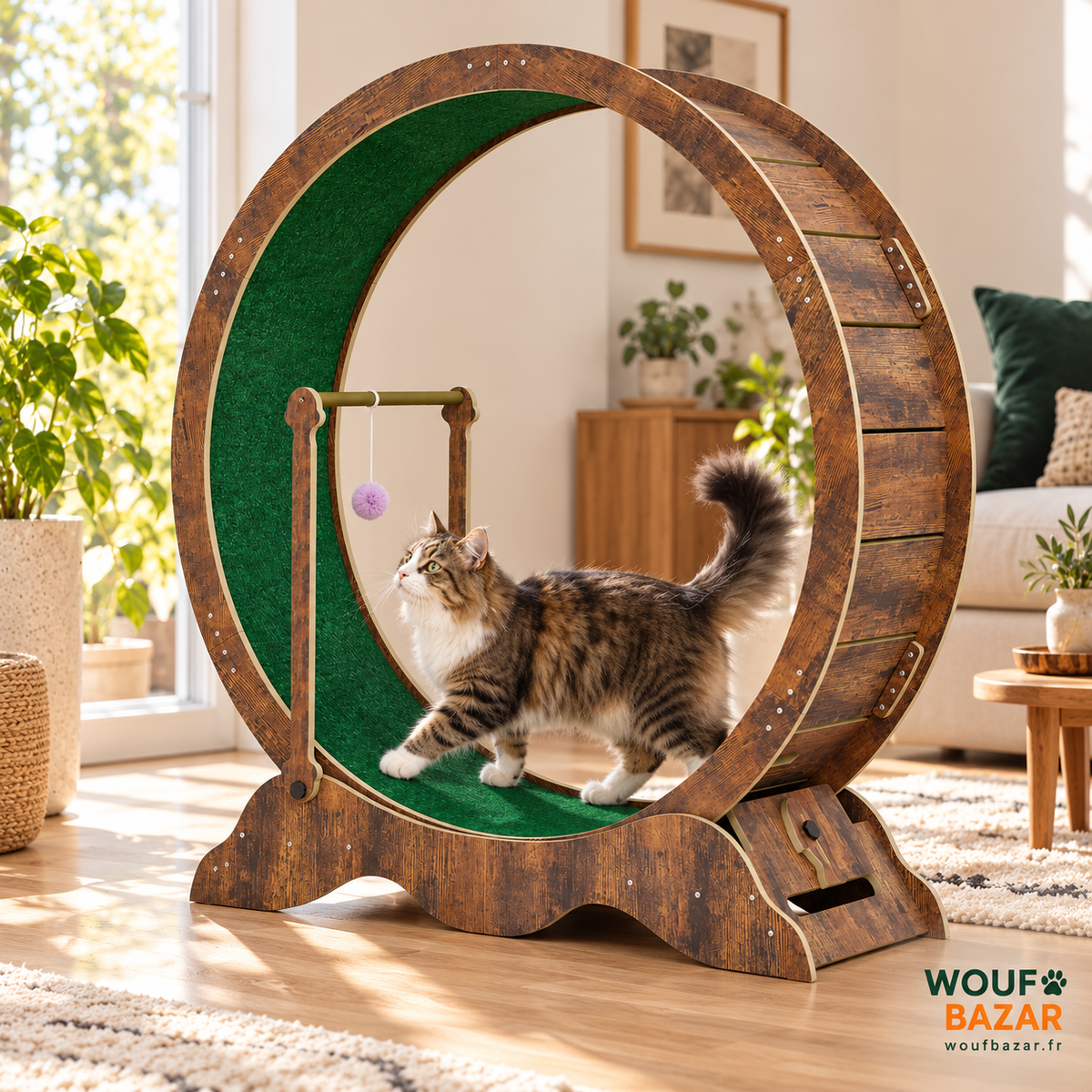 Mise en situation de la roue d’exercice brune à piste verte avec notre chat mascotte