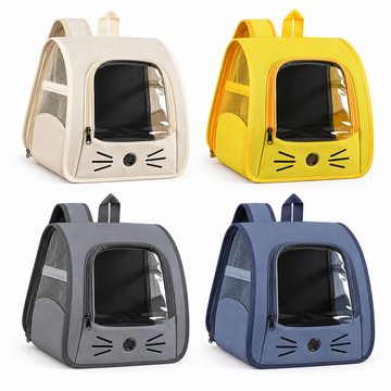 Sac à dos pour chat et très petit chien : blanc cassé, jaune, gris et bleu sur fond blanc