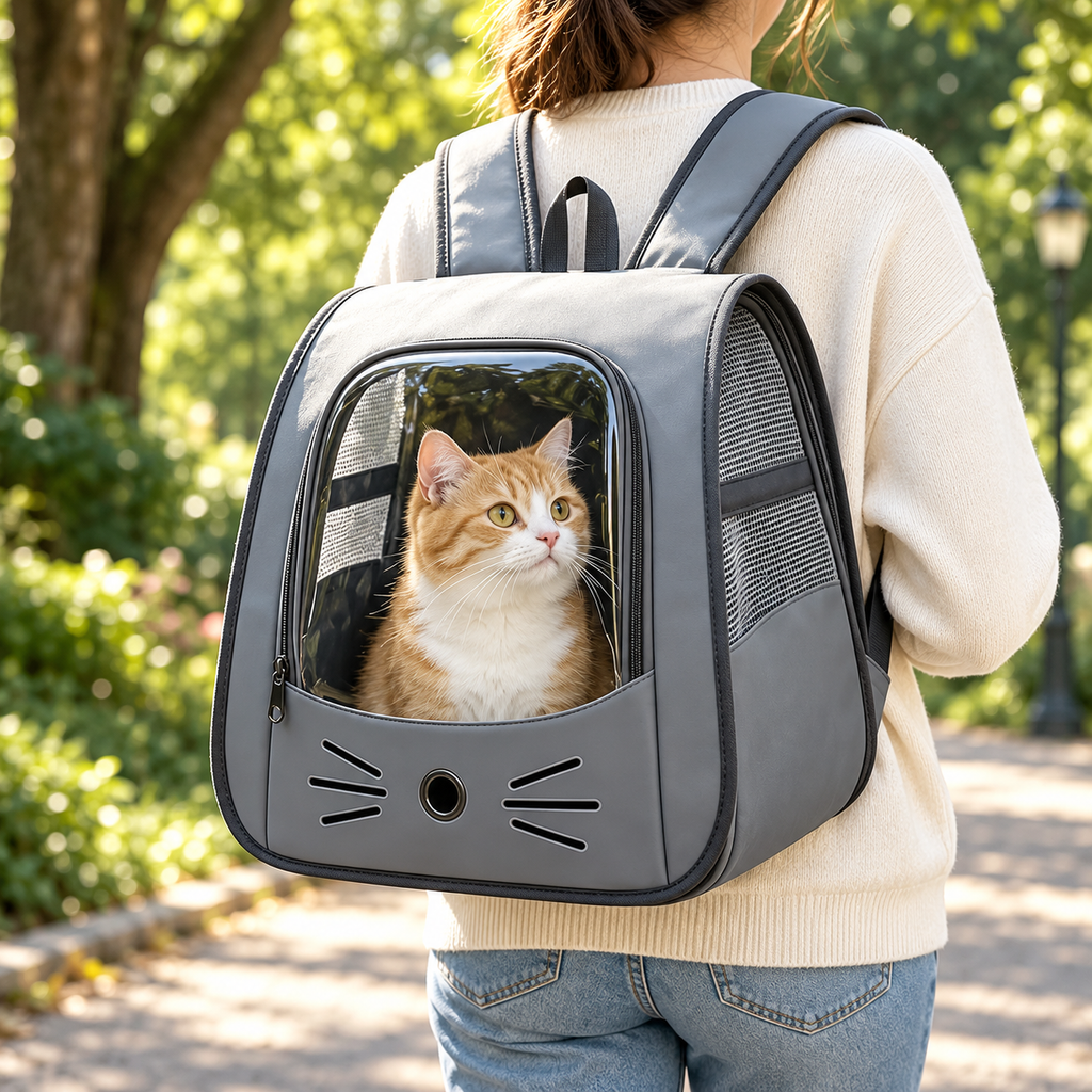 Mise en scène du sac à dos gris porté avec un chat roux et blanc