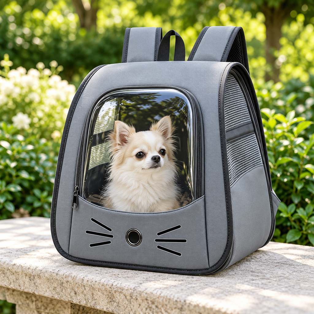 Mise en scène du sac à dos gris avec un très petit Chihuahua