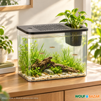 Aquarium avec couvercle noir et panier pour plante, mis en scène avec poissons, plantes et décor non inclus — WOUF BAZAR