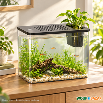 Aquarium avec couvercle noir et panier pour plante, mis en scène avec poissons, plantes et décor non inclus — WOUF BAZAR