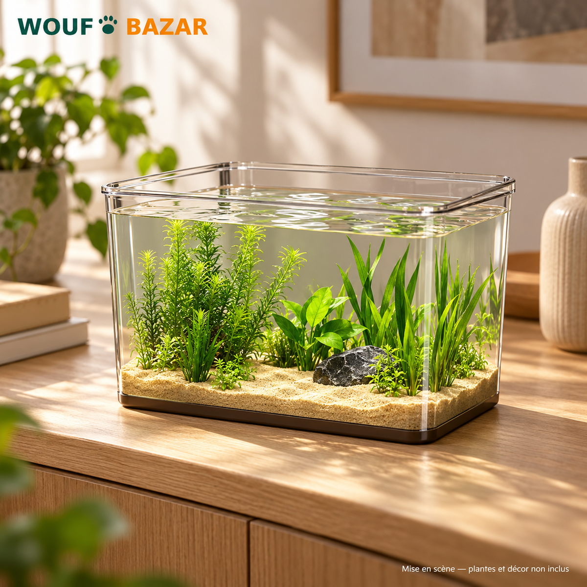 Petit aquarium panoramique 4,7 L mis en scène avec des plantes et un décor non inclus