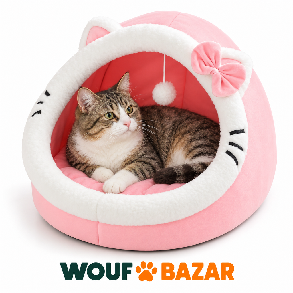 Niche douillette pour chat rose sur fond blanc — WOUF BAZAR