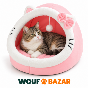 Niche douillette pour chat rose sur fond blanc — WOUF BAZAR