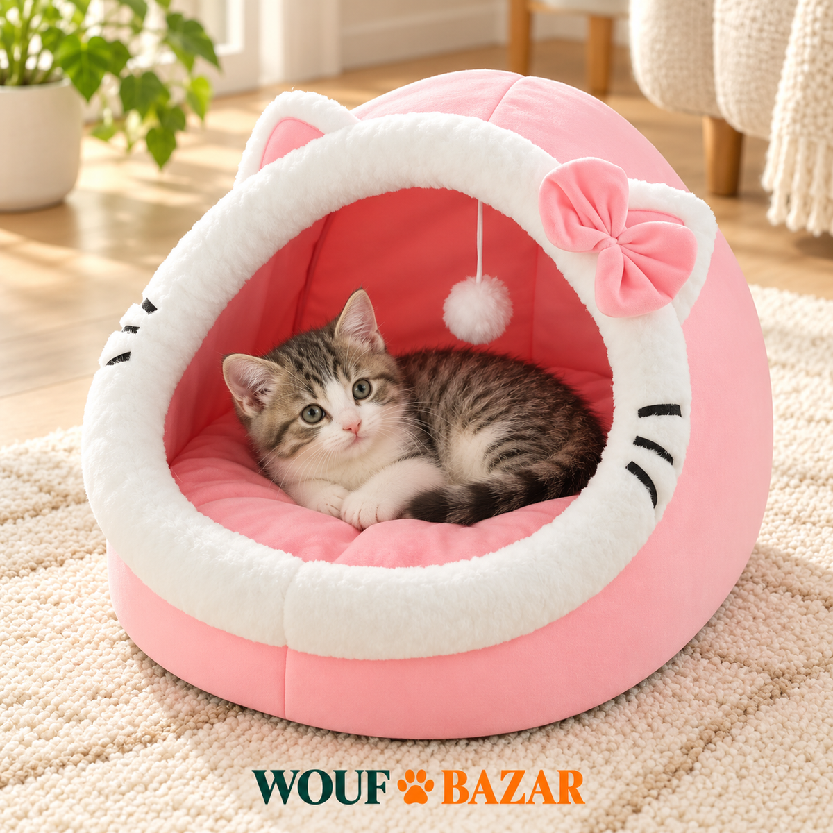 Niche rose pour chat avec nœud et pompon — WOUF BAZAR
