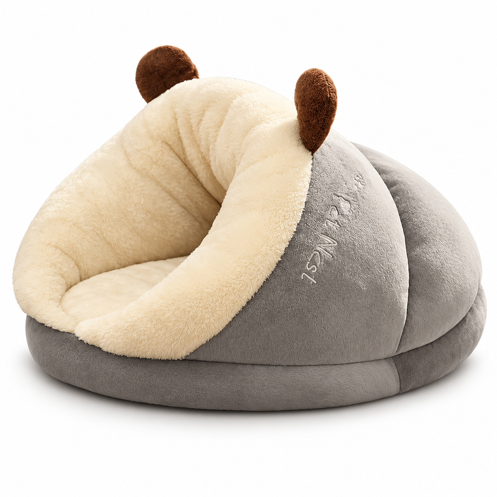 Panier pantoufle gris, intérieur crème, sur fond blanc