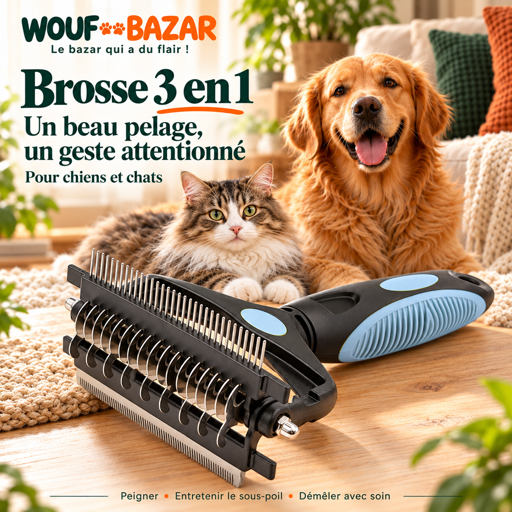 Brosse de toilettage 3 en 1 pour chien et chat — Bleu — produit sur fond blanc
