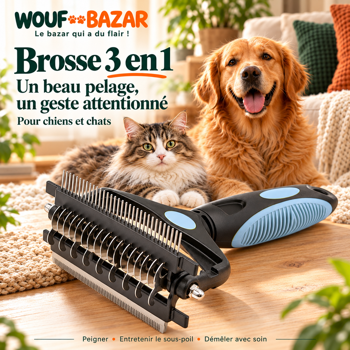 Brosse de toilettage 3 en 1 pour chien et chat — Bleu — produit sur fond blanc