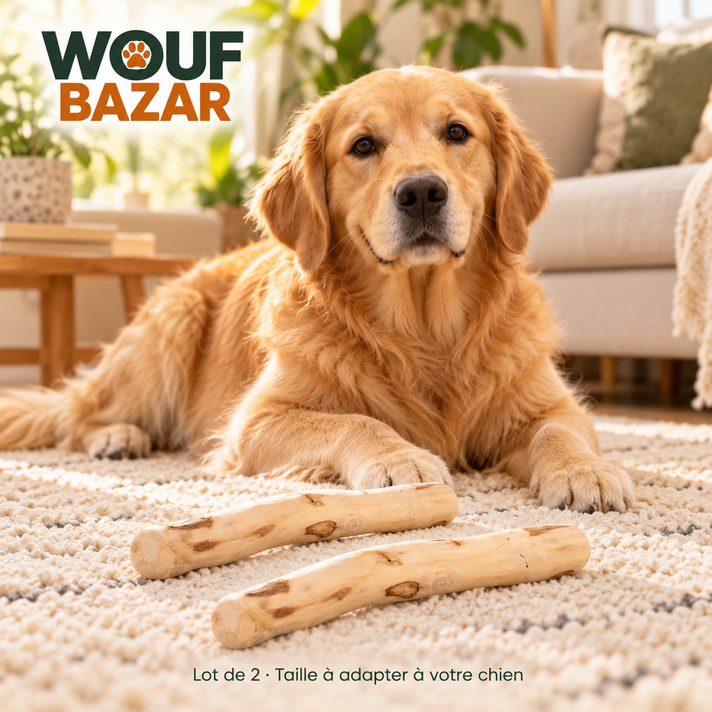 Deux bâtonnets de caféier WOUF BAZAR présentés dans un salon avec notre golden retriever ; choisir une taille adaptée à son chien.