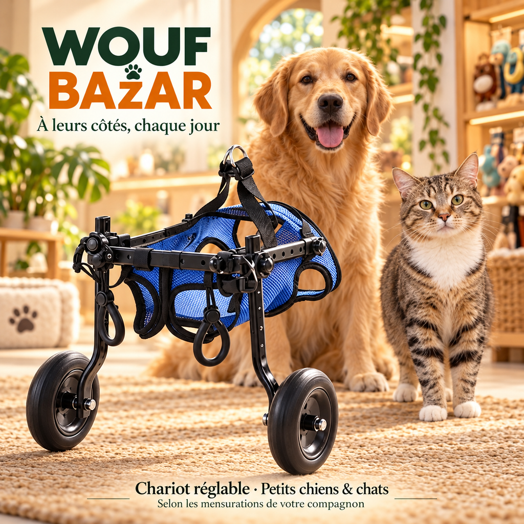 Chariot de mobilité réglable noir avec harnais bleu, présenté avec le golden retriever et le chat tigré WOUF BAZAR. Modèle pour petits gabarits selon mensurations.
