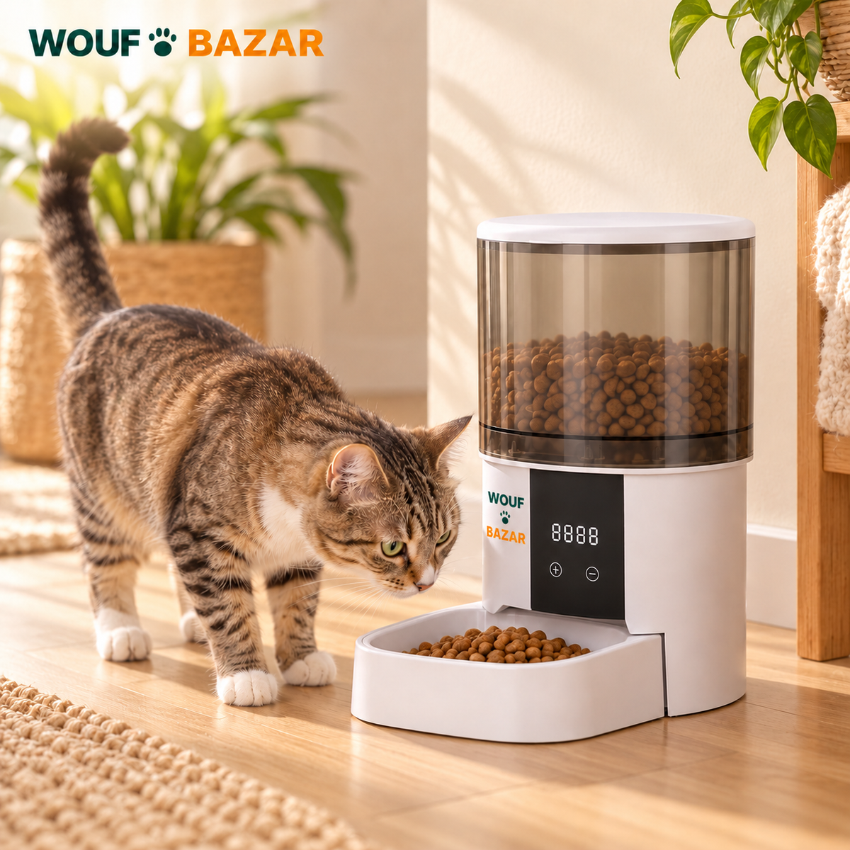 Distributeur blanc classique 4 L avec chat, mise en scène WOUF BAZAR — logo intégré sur la façade