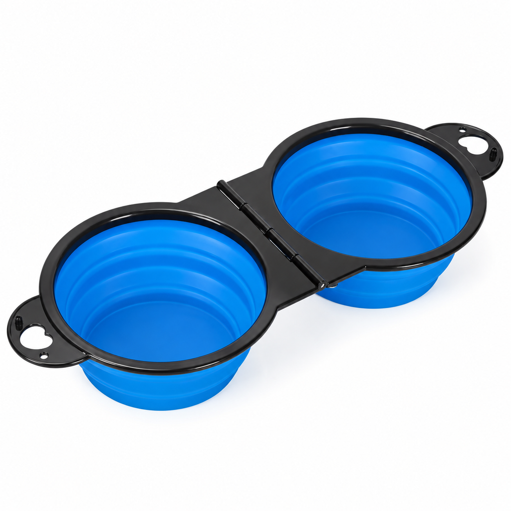 Double gamelle pliable de voyage pour chien et chat — Bleu — produit sur fond blanc