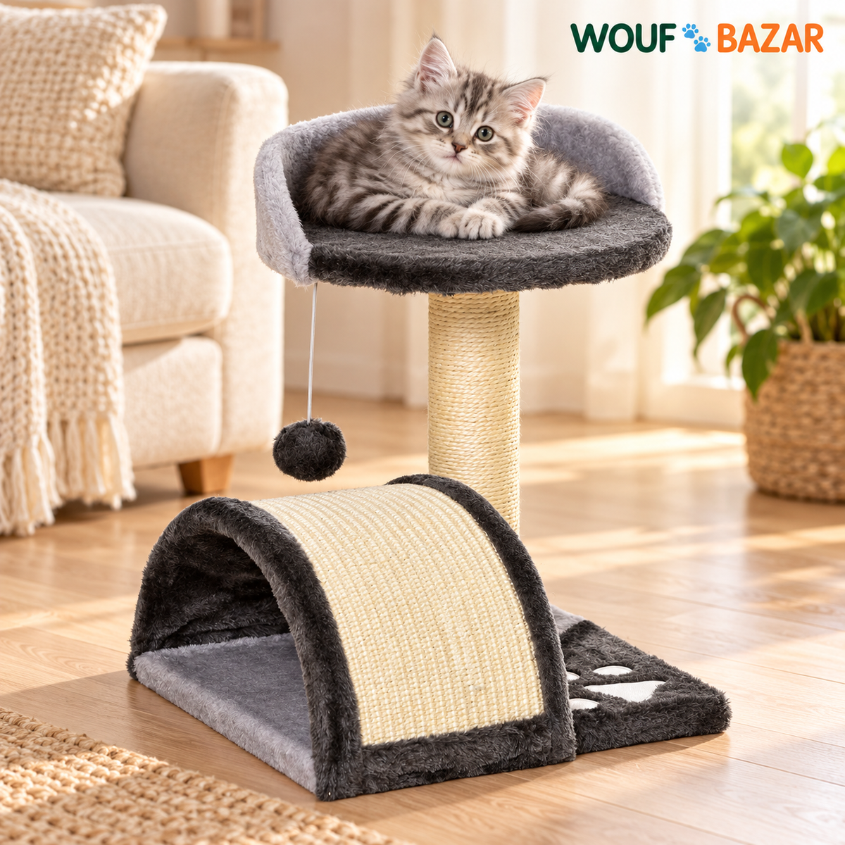 Griffoir gris foncé avec arche et plateforme, chaton en mise en scène — WOUF BAZAR