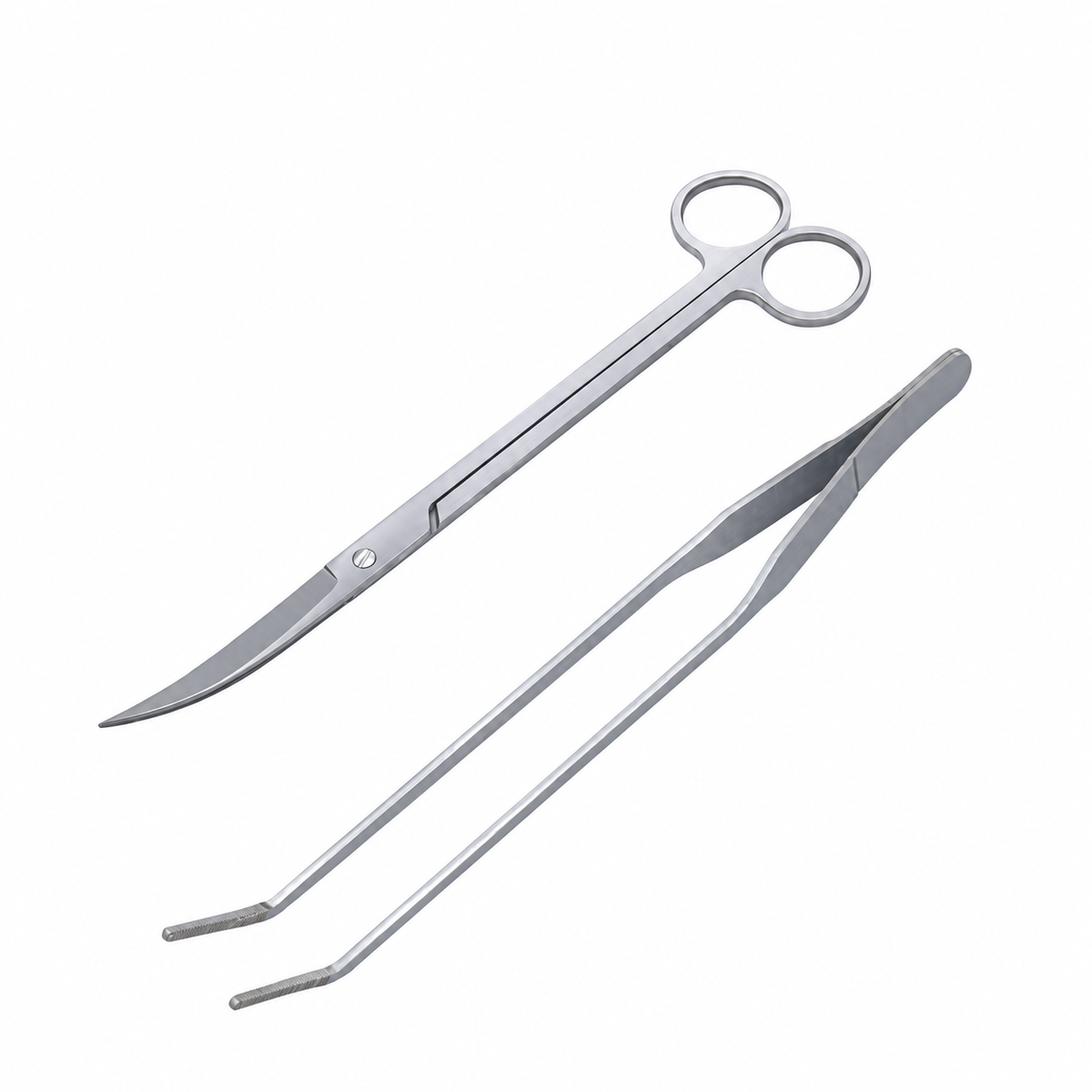 Kit aquascaping deux outils : ciseaux courbés et pince courbée sur fond blanc