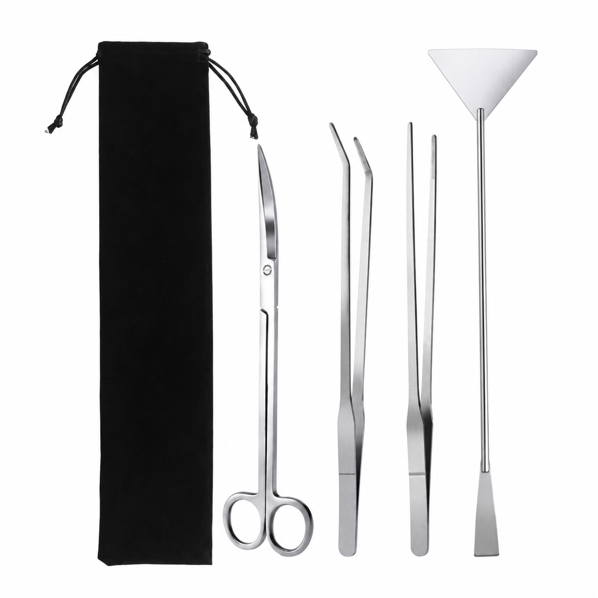 Kit aquascaping quatre outils et pochette noire sur fond blanc