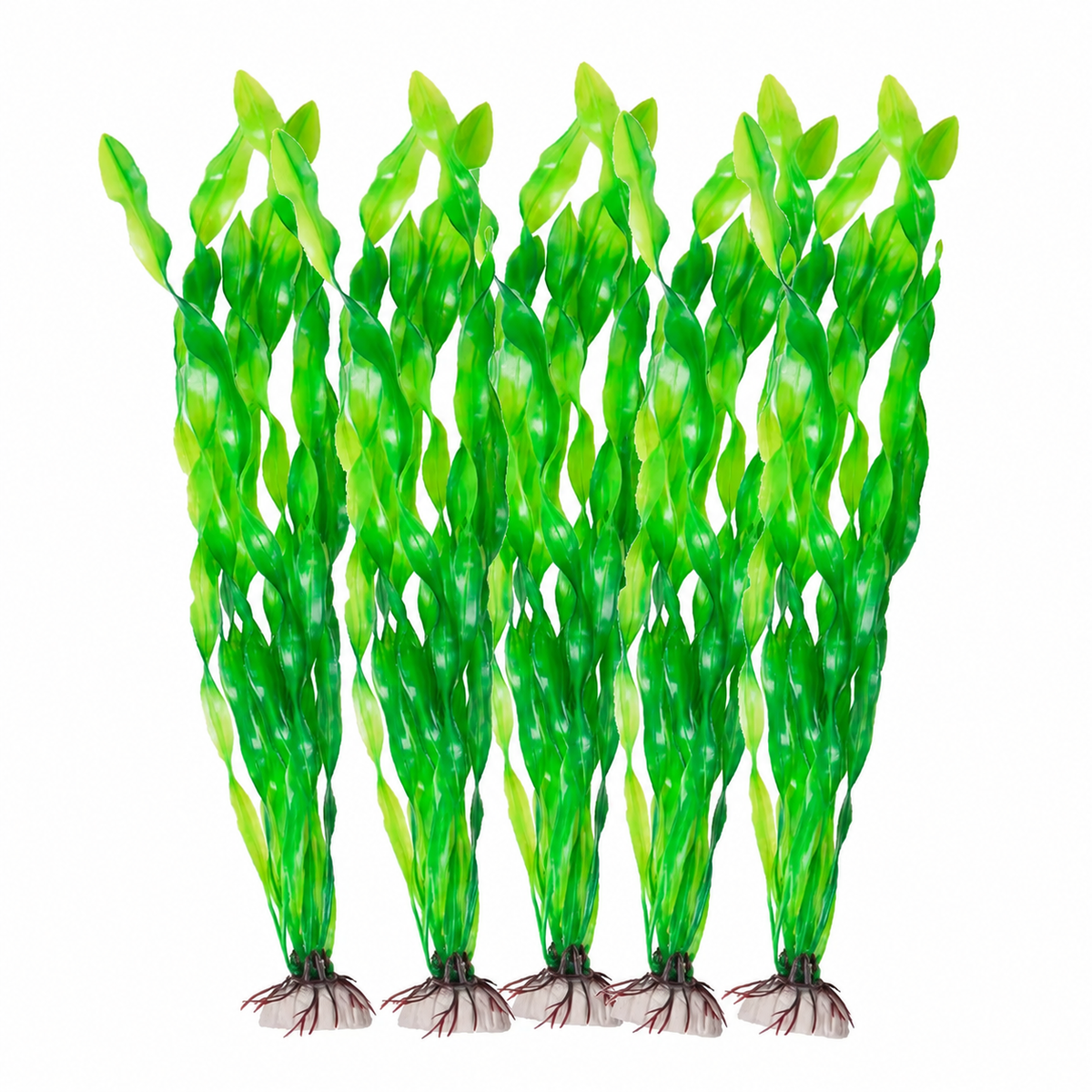 Lot de cinq plantes artificielles vertes pour aquarium sur fond blanc