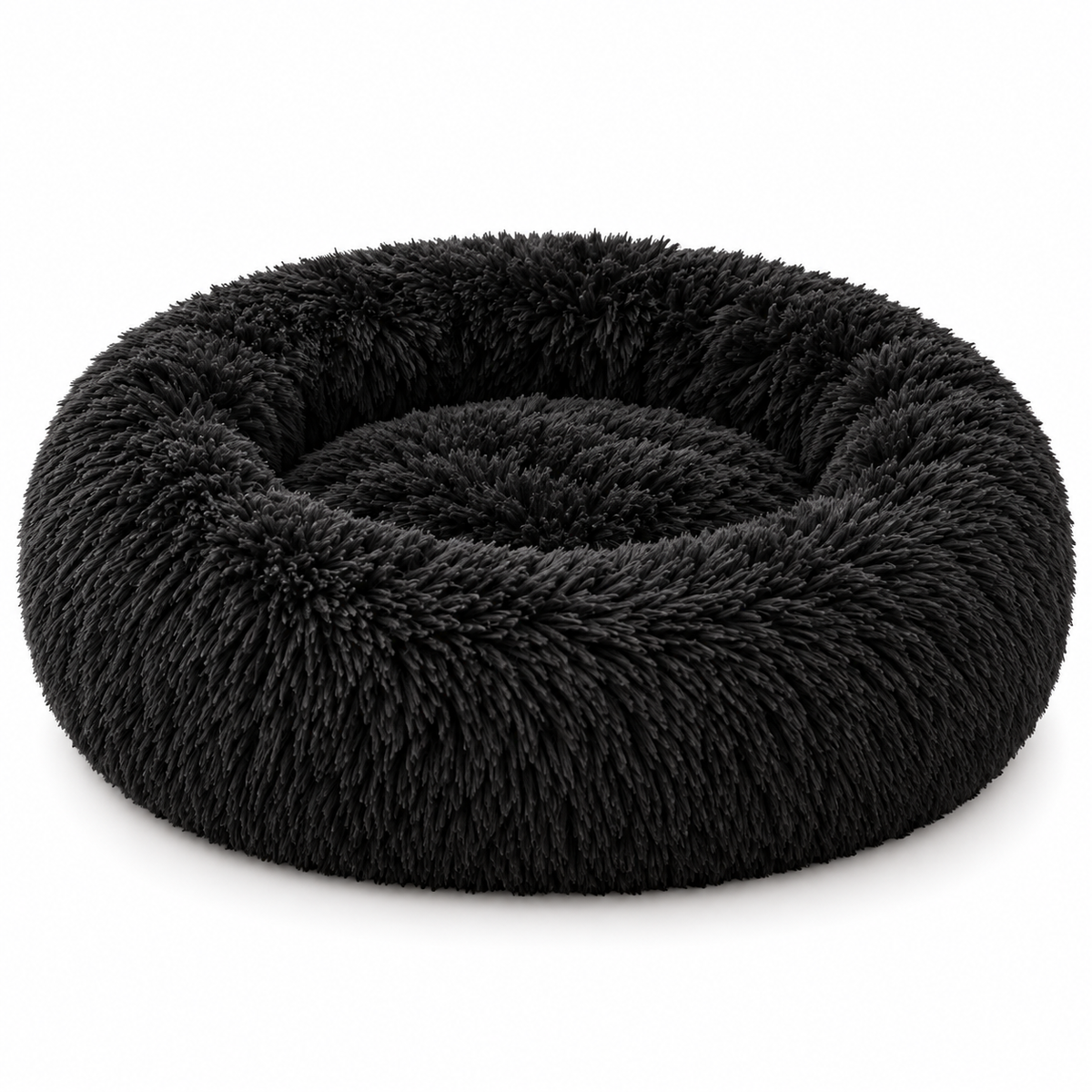 Panier rond en peluche noir sur fond blanc